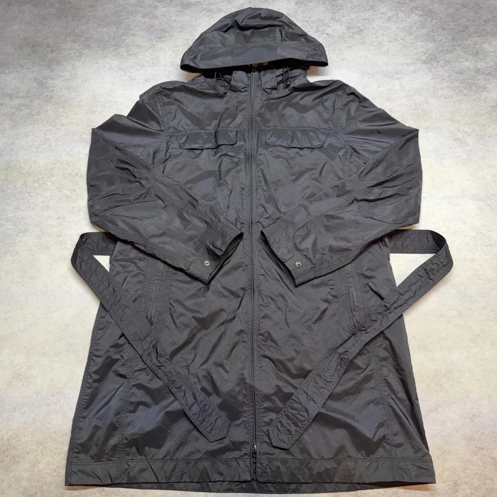 LL Bean Hooded Belted Rain Jacket Womens XL Black Full Zip Parka Trench Coat